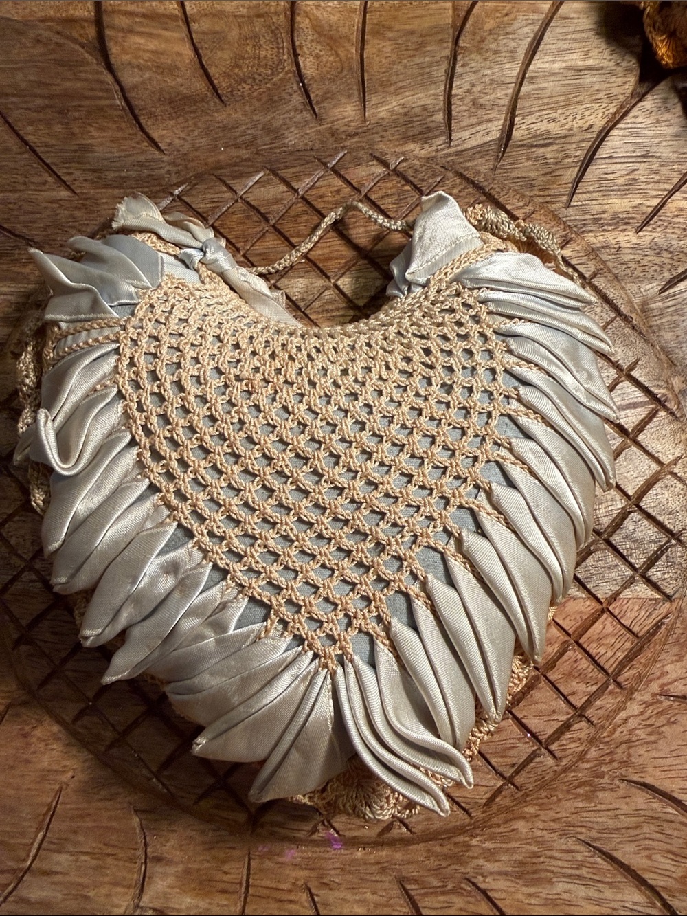Antique Handcrafted Silver Satin & Tan Crochet Heart Wall Art over 100 y.o.